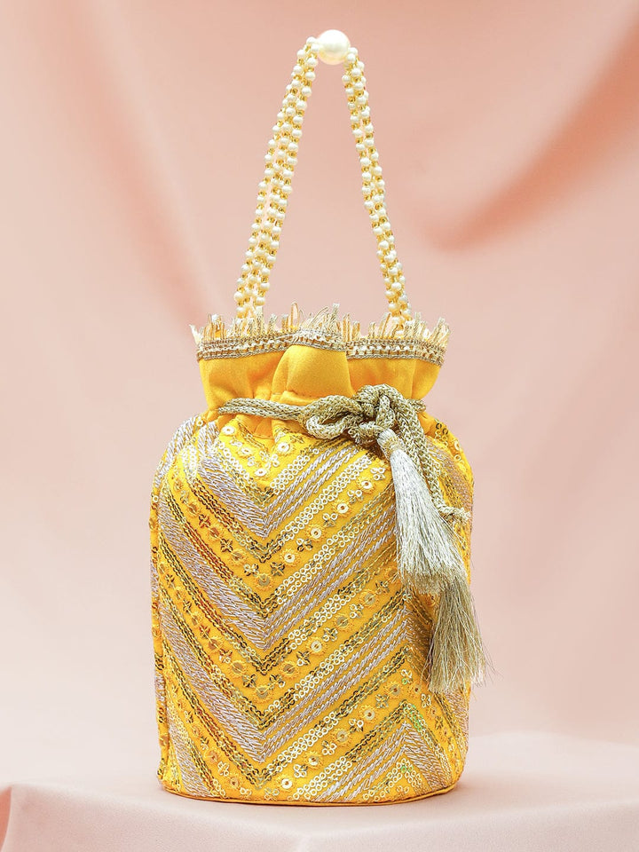 Rubans Bright Yellow Sequin Embroidered Festive Potli Bag with Pearl Handle & Golden Beaded Tassels Bags