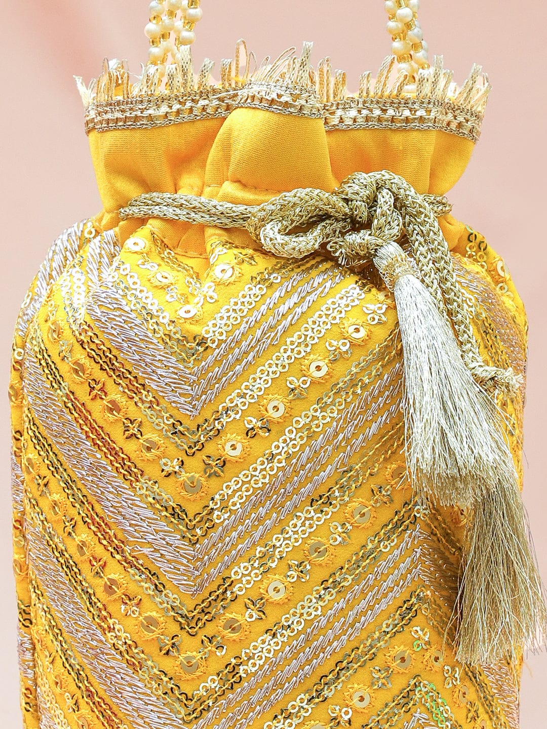 Rubans Bright Yellow Sequin Embroidered Festive Potli Bag with Pearl Handle & Golden Beaded Tassels Bags