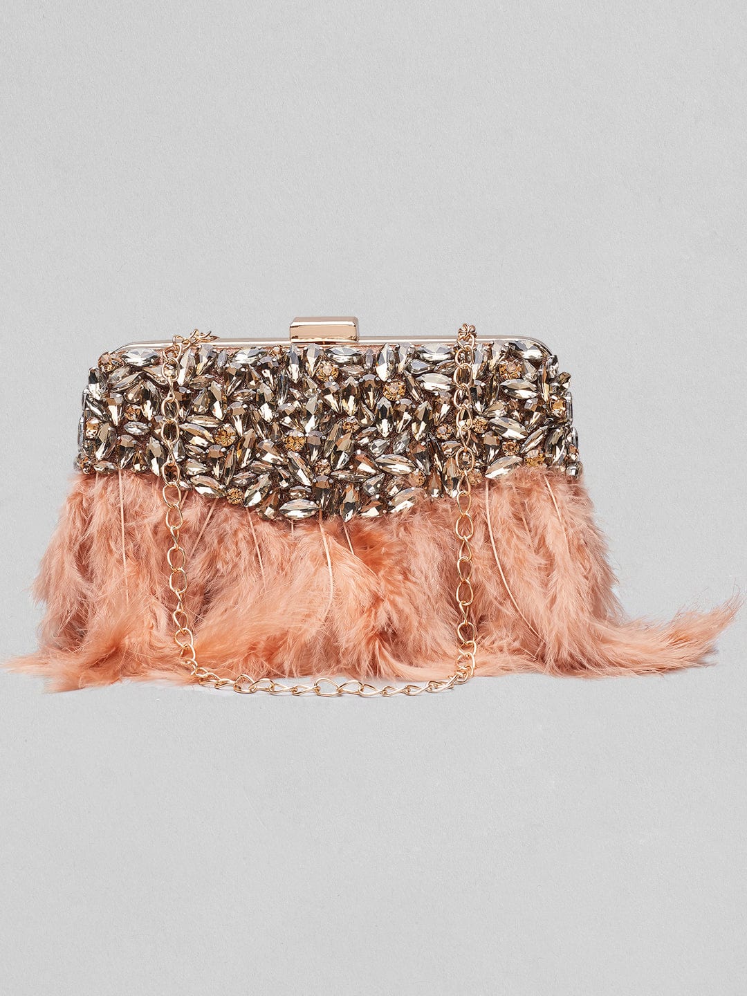 Rubans Brown Colour Clutch Bag With Studded Stone And Brown Fur. Handbag & Wallet Accessories