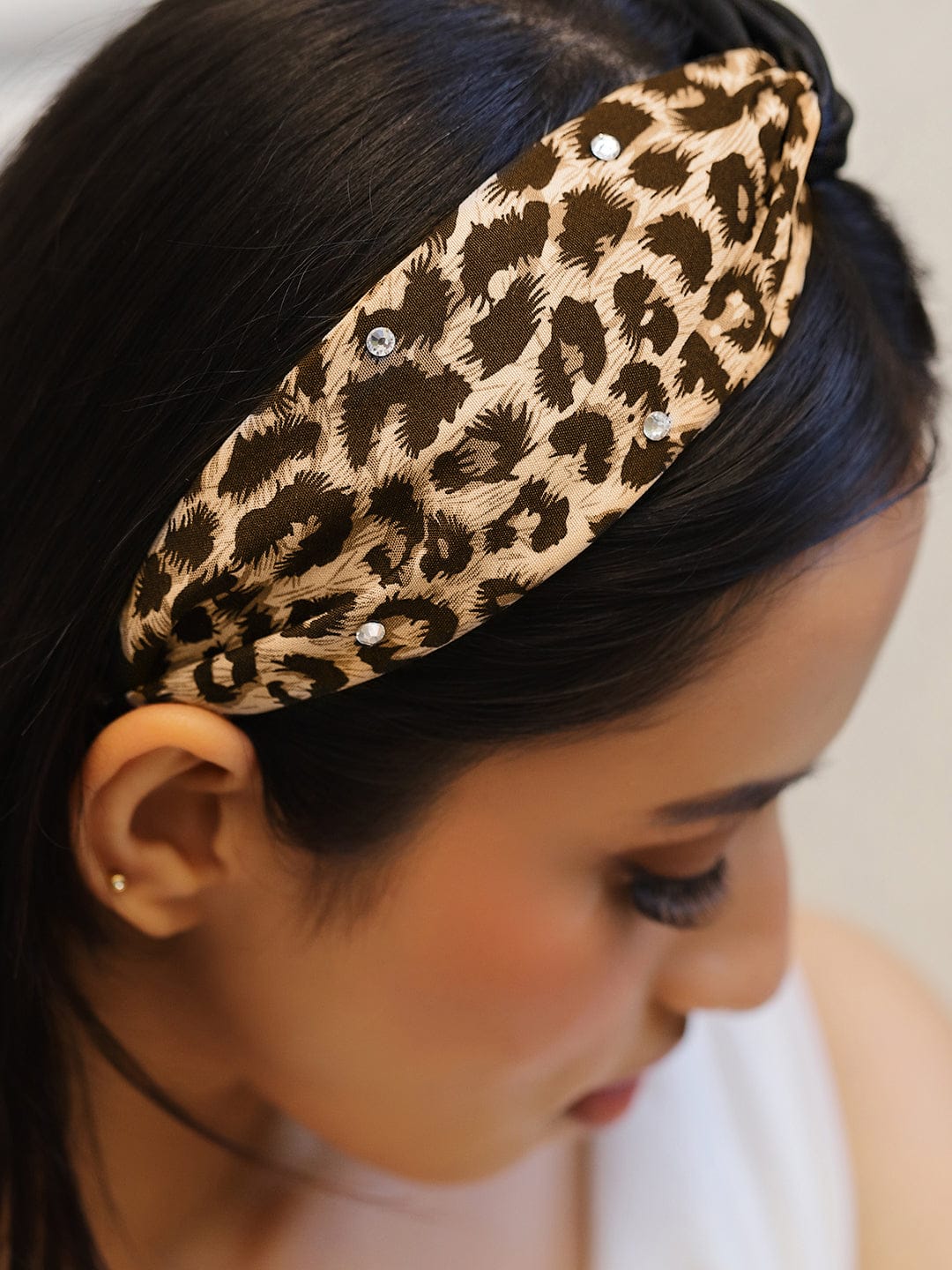 Rubans Brown & Leopard Print Twisted Headband with Embellished Crystal Detailing Hair Accessory