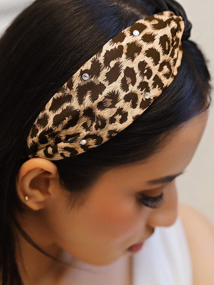 Rubans Brown & Leopard Print Twisted Headband with Embellished Crystal Detailing Hair Accessory