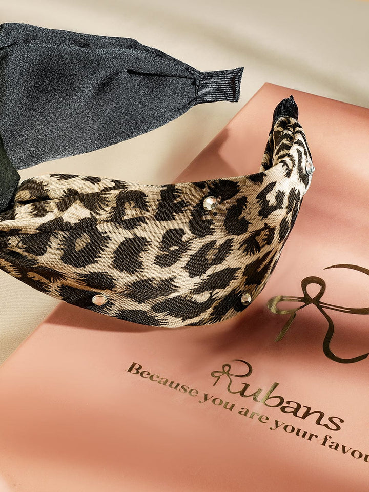 Rubans Brown & Leopard Print Twisted Headband with Embellished Crystal Detailing Hair Accessory