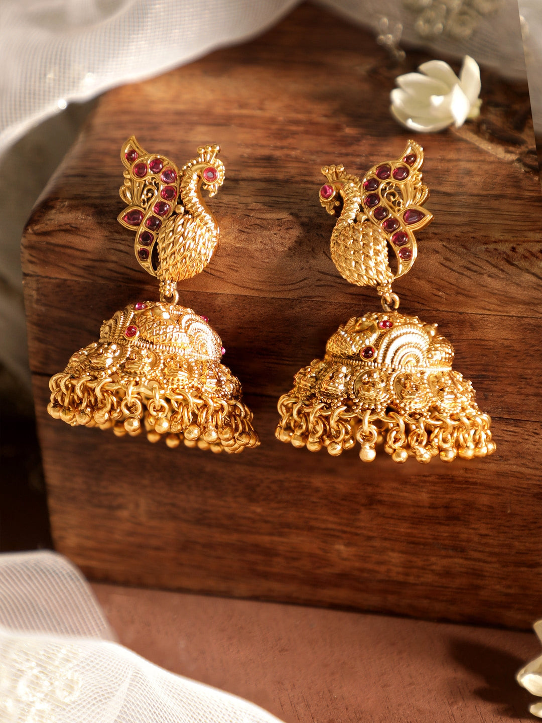 Rubans Celestial Plumage 22k Gold plated Jhumka Earrings with Peacock Charm Earrings