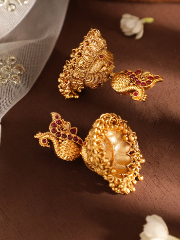 Rubans Celestial Plumage 22k Gold plated Jhumka Earrings with Peacock Charm Earrings