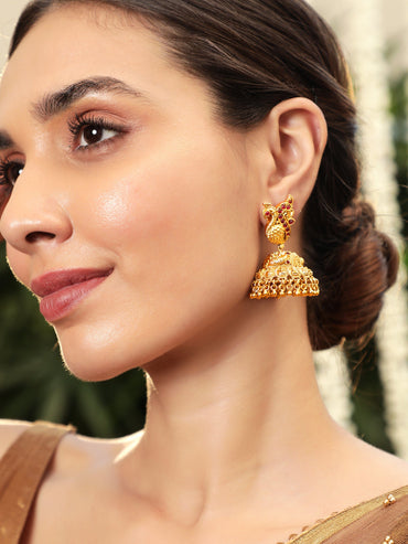 Rubans Celestial Plumage 22k Gold plated Jhumka Earrings with Peacock Charm Earrings