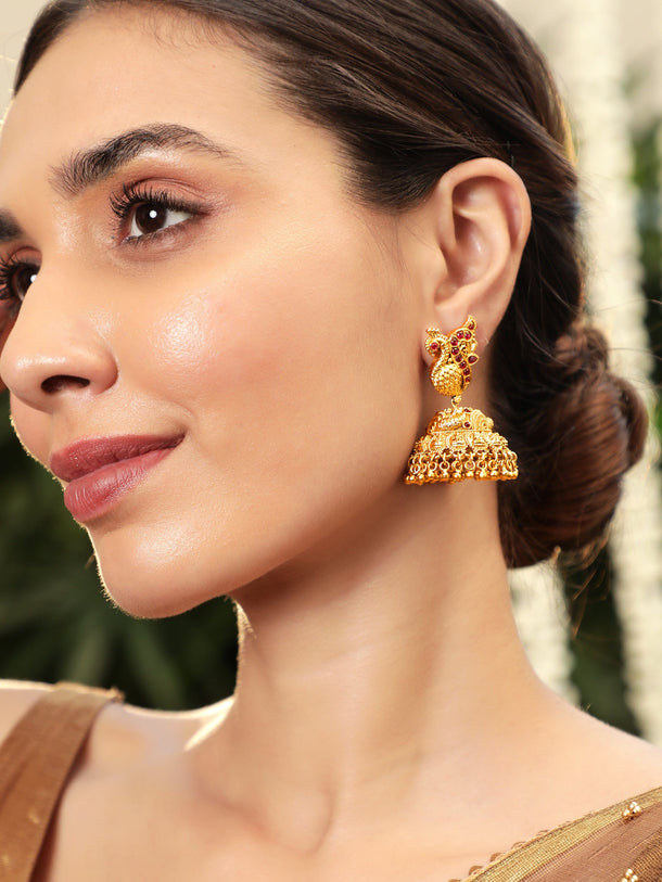 Rubans Celestial Plumage 22k Gold plated Jhumka Earrings with Peacock Charm Earrings