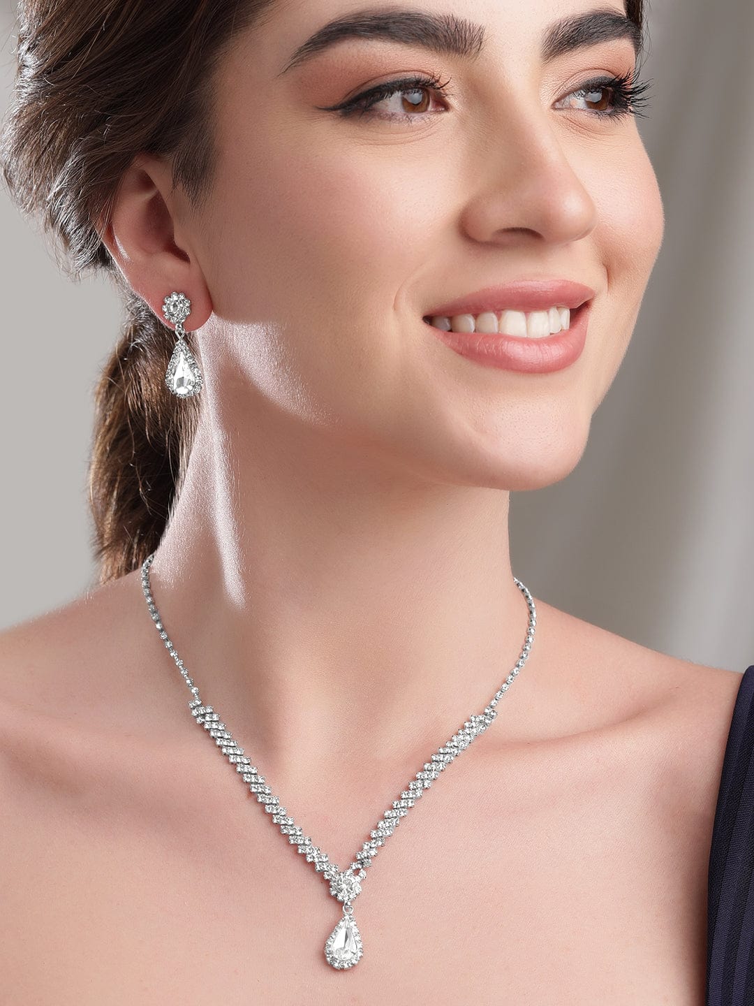 Rubans Celestial Sparkle Silver Tone AD Necklace Jewellery Sets