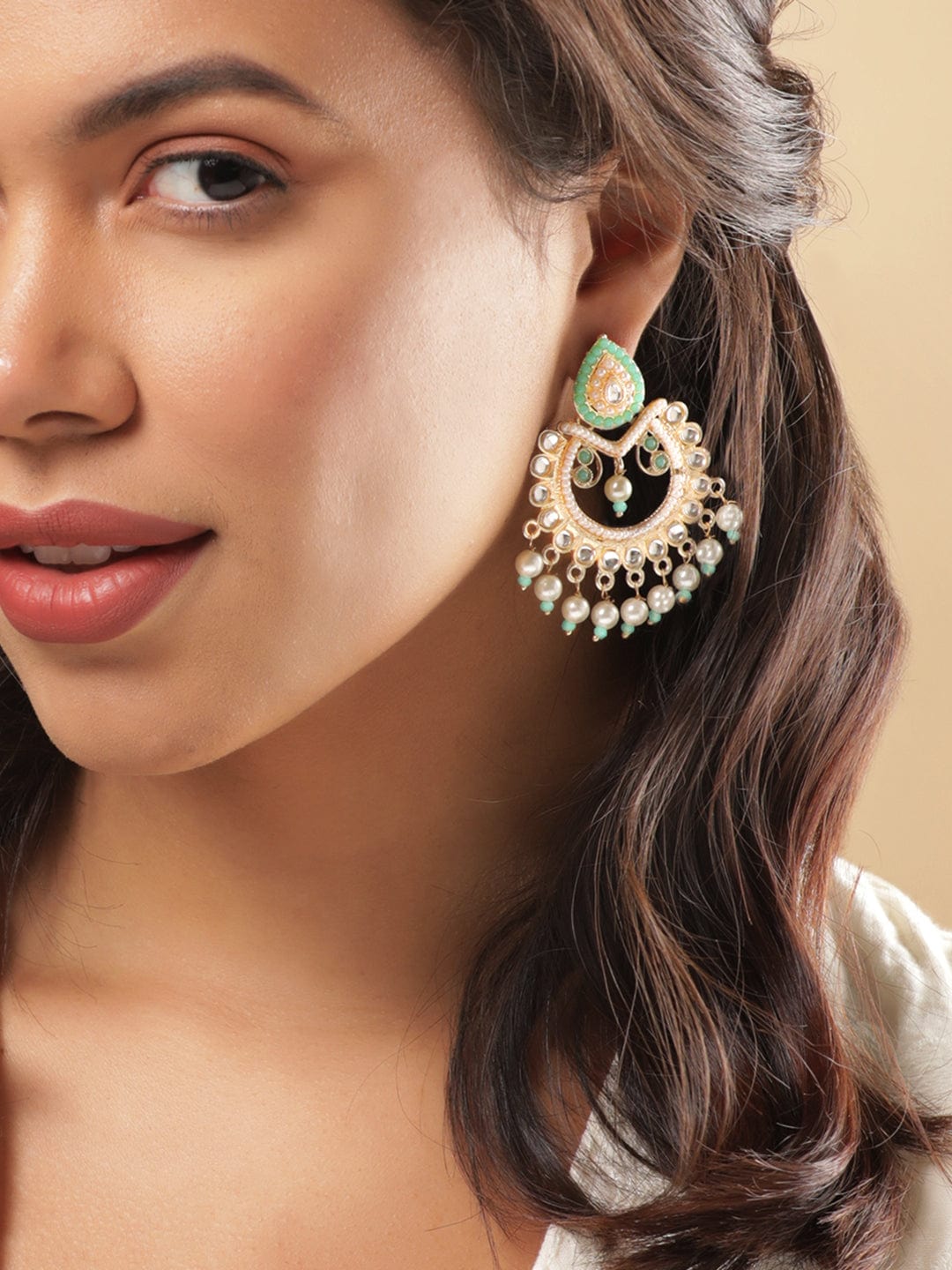 Rubans Chandbali Earrings with Blue and White Beads Earrings