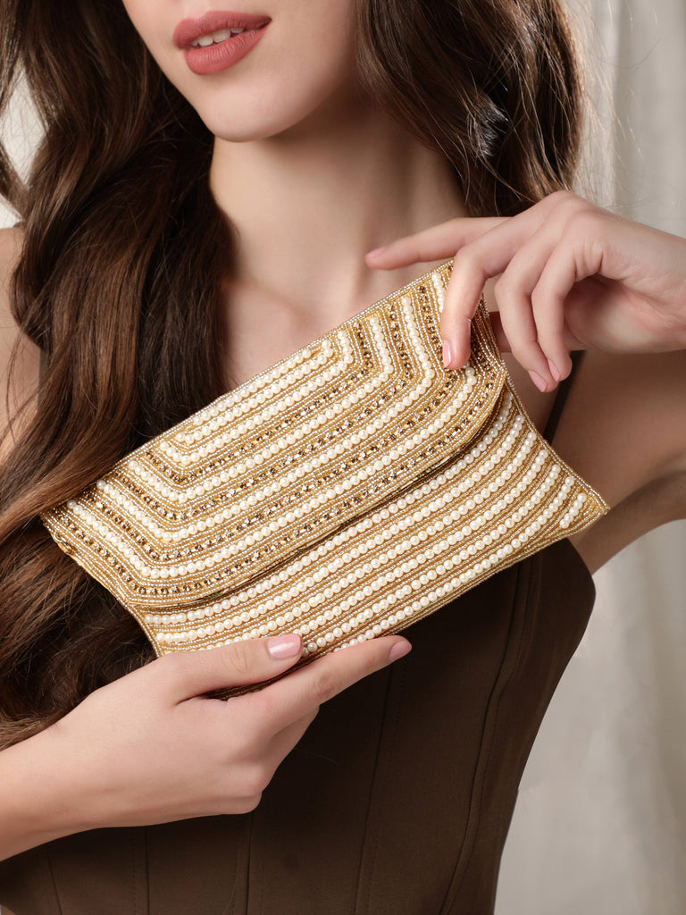 Rubans White Clutch Bags with Pearl and Stone Embellishment