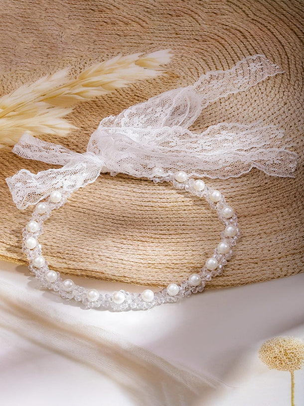 Rubans Couture-Inspired White Pearl Hairband with Romantic Lace Ribbon Detailing | Runway Fashion Statement Hair Accessory Hair Accessory