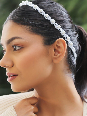 Rubans Couture-Inspired White Pearl Hairband with Romantic Lace Ribbon Detailing | Runway Fashion Statement Hair Accessory Hair Accessory