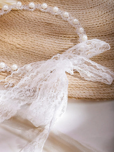 Rubans Couture-Inspired White Pearl Hairband with Romantic Lace Ribbon Detailing | Runway Fashion Statement Hair Accessory Hair Accessory