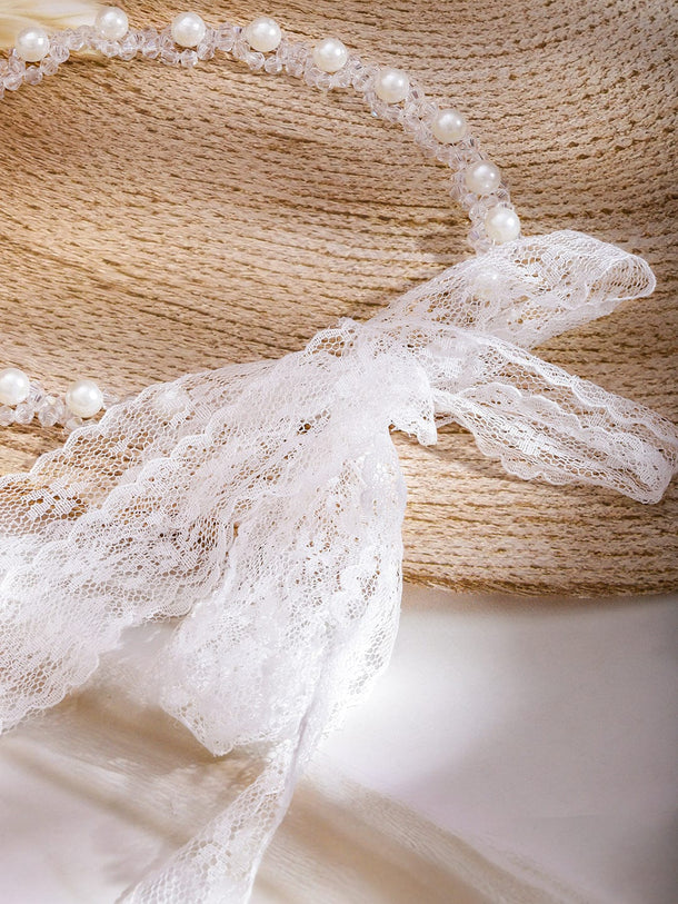 Rubans Couture-Inspired White Pearl Hairband with Romantic Lace Ribbon Detailing | Runway Fashion Statement Hair Accessory Hair Accessory