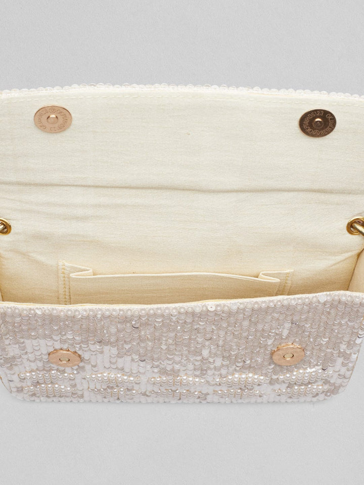 Rubans Cream Colour Handbag With Embroided Design And Pearls Handbag, Wallet Accessories & Clutches