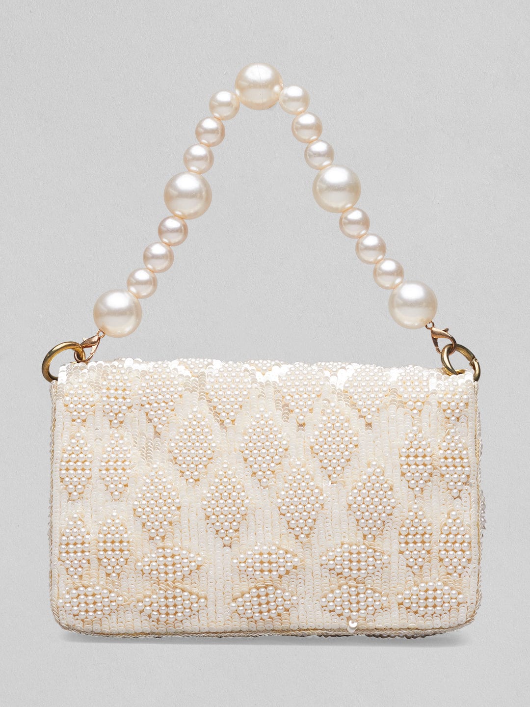 Rubans Cream Colour Handbag With Embroided Design And Pearls Handbag, Wallet Accessories & Clutches