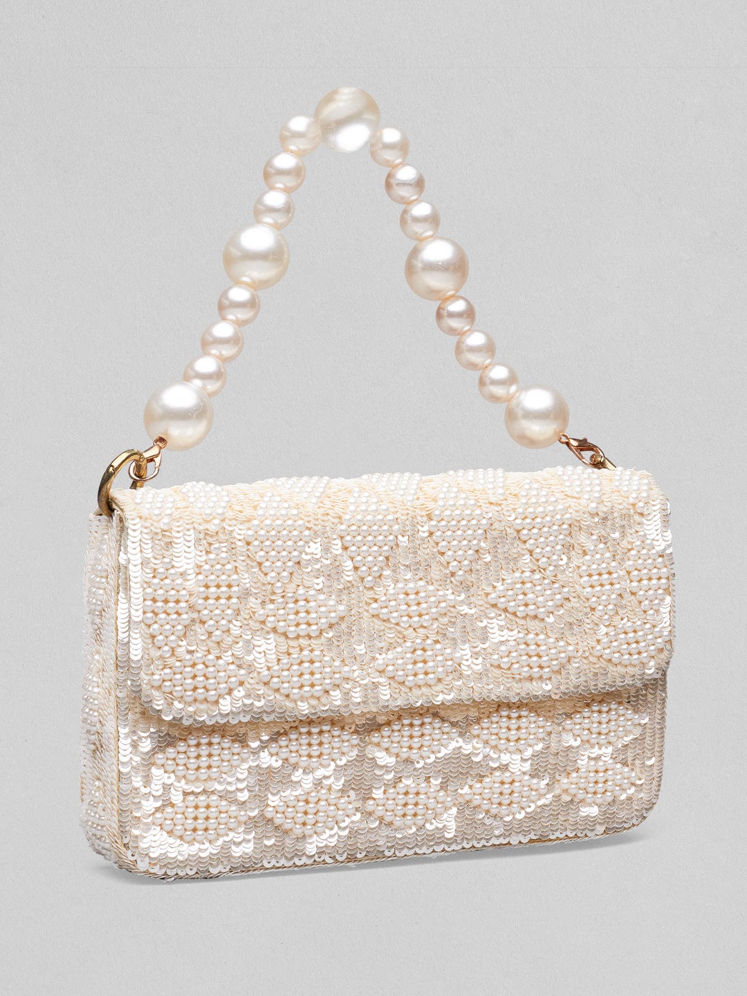 Rubans Cream Colour Handbag With Embroided Design And Pearls. Handbag, Wallet Accessories & Clutches