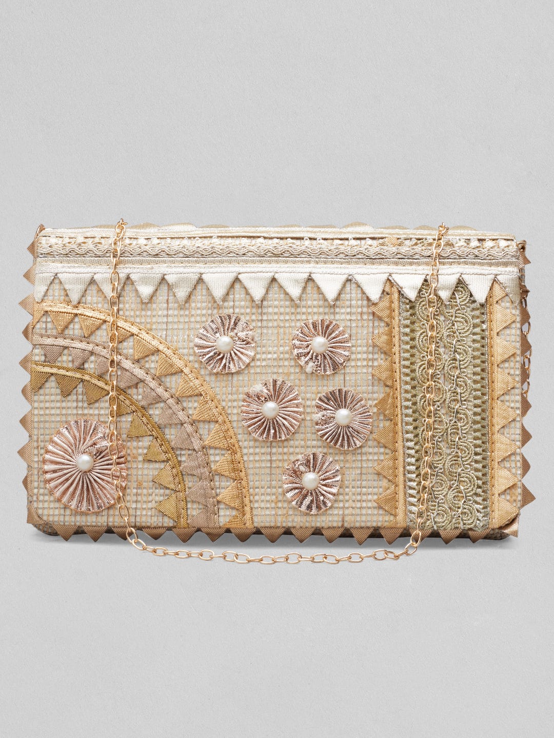 Rubans Cream Colour Handbag With Embroided Gold And Silver Design And Pearls. Handbag & Wallet Accessories