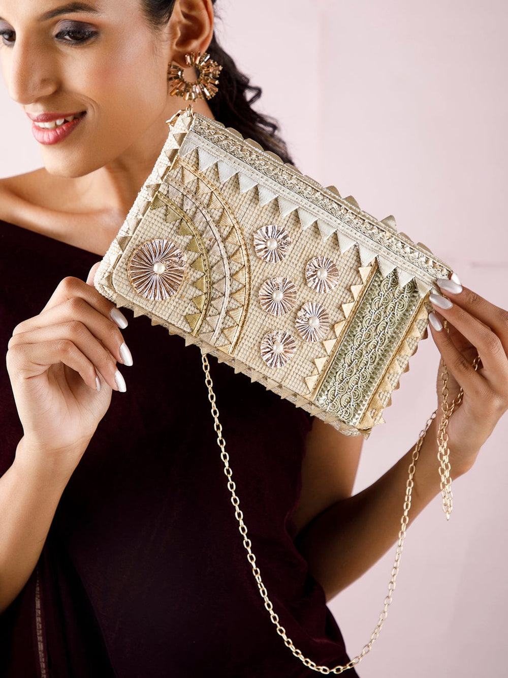 Rubans Cream Colour Handbag With Embroided Gold And Silver Design And Pearls. Handbag & Wallet Accessories