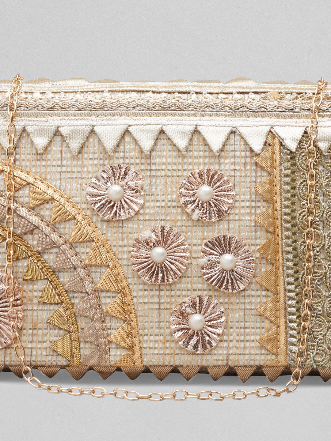 Rubans Cream Colour Handbag With Embroided Gold And Silver Design And Pearls. Handbag & Wallet Accessories