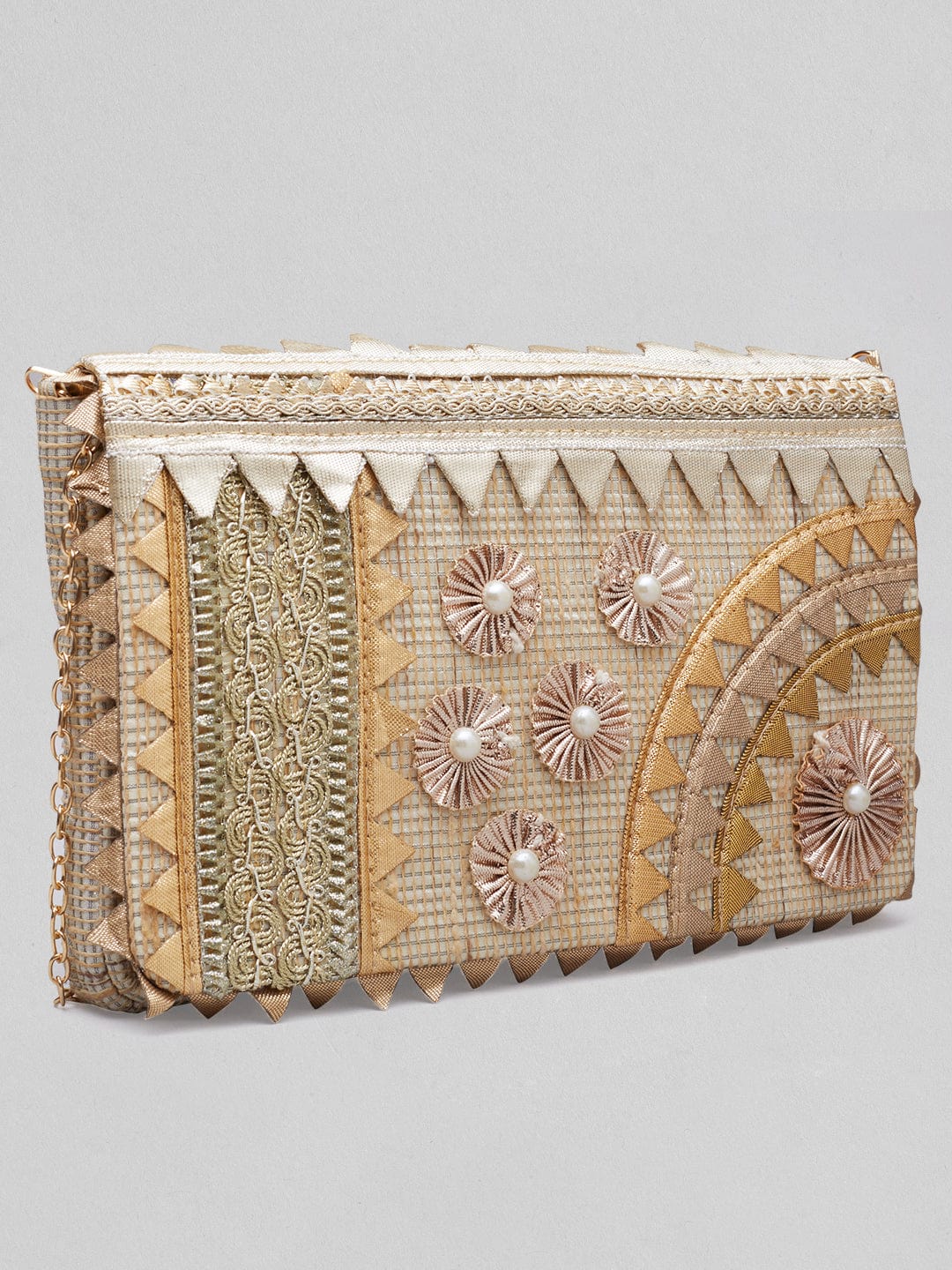 Rubans Cream Colour Handbag With Embroided Gold And Silver Design And Pearls. Handbag & Wallet Accessories