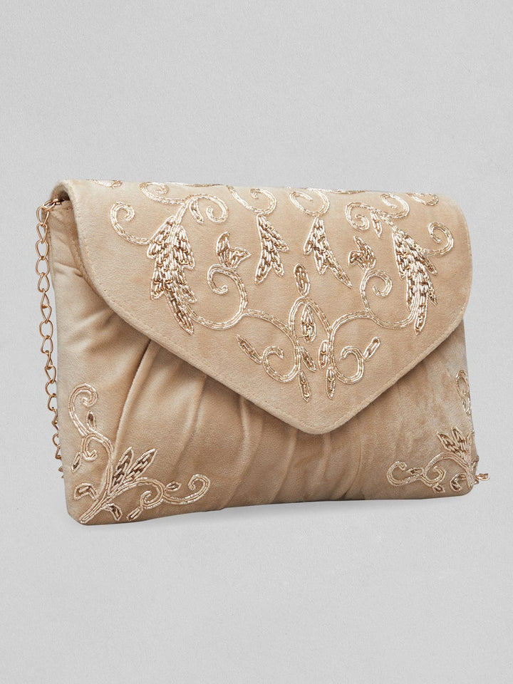 Rubans Cream Colour Slingbag With Embroided Gold And Brown Design. Handbag & Wallet Accessories