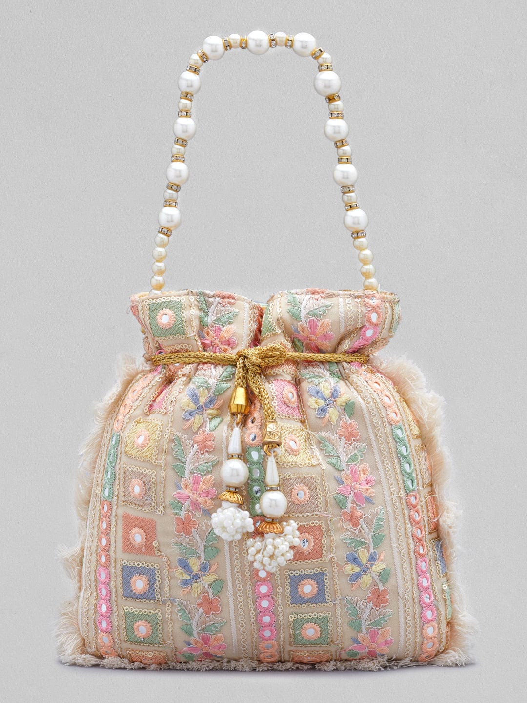 Rubans Cream Coloured Potli Bag With Multicoloured Embroidery Design Handbag & Wallet Accessories