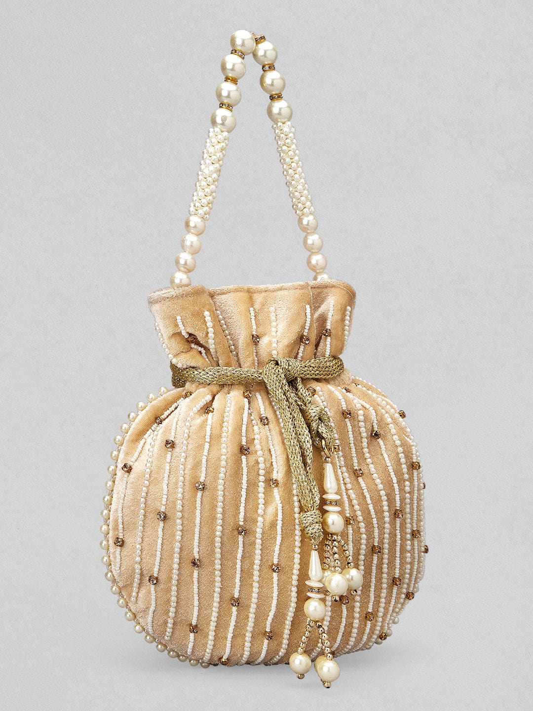 Shop Rubans Cream Coloured Velvet Potli Bag With Pearls And Golden Beads Online at Rubans