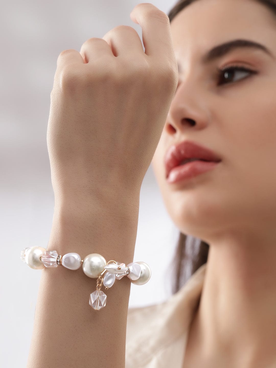 Rubans Cream Pearl & Crystal Beaded Classy Bracelet Bangles & Bracelets