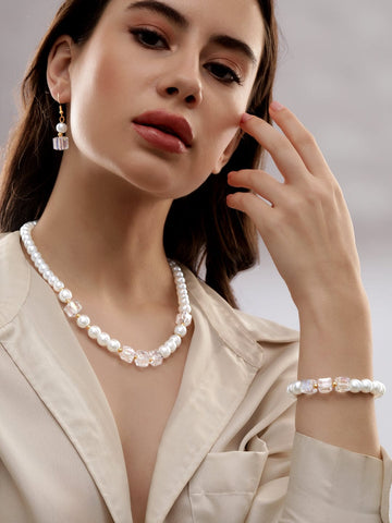 Rubans Cream Pearl & Crystal Beaded Classy Necklace Set Jewellery Sets