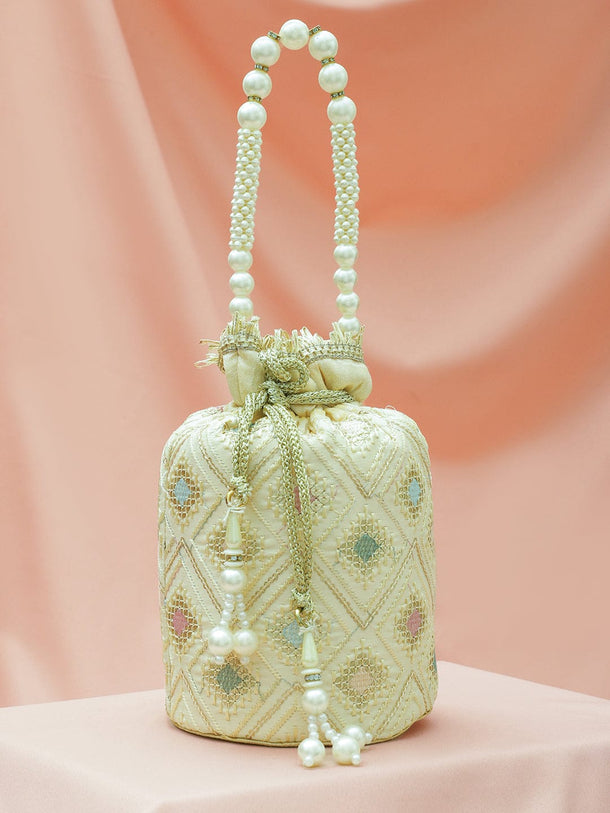 Rubans Cream Potli Bag with Multicolor Pastel Embroidery, Pearl Beaded Handle and Golden Tassel Detailing Bags