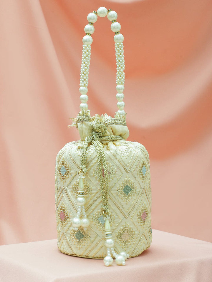Rubans Cream Potli Bag with Multicolor Pastel Embroidery, Pearl Beaded Handle and Golden Tassel Detailing Bags