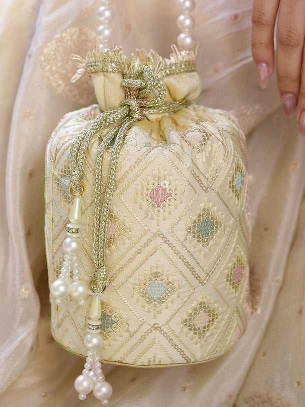 Rubans Cream Potli Bag with Multicolor Pastel Embroidery, Pearl Beaded Handle and Golden Tassel Detailing Bags