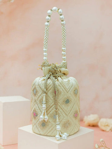 Rubans Cream Potli Bag with Multicolor Pastel Embroidery, Pearl Beaded Handle and Golden Tassel Detailing Handbag, Wallet Accessories & Clutche