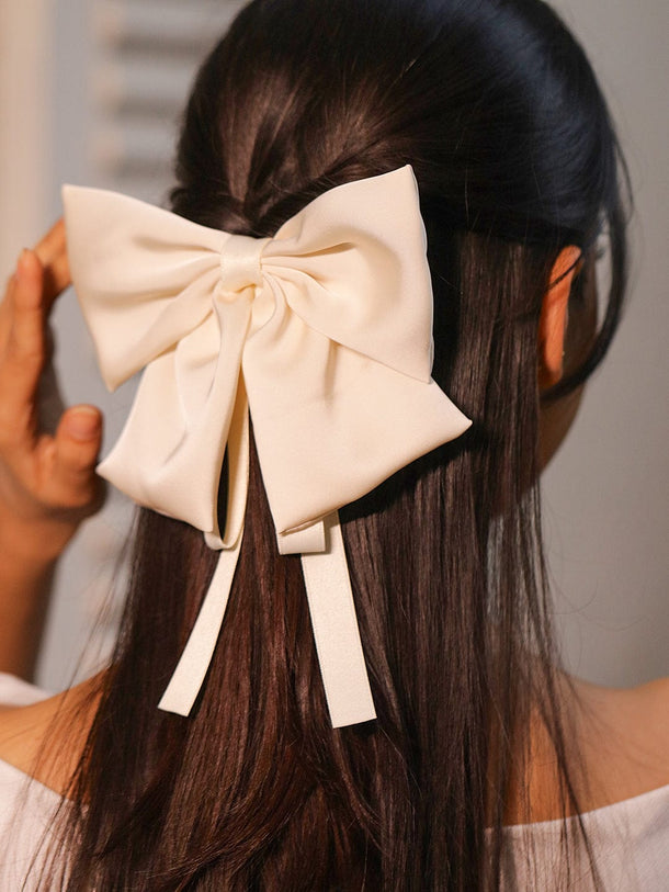 Rubans Cream Satin Bow Hair Clip with Flowing Ribbon Tails for Elegant & Stylish Look Hair Accessory