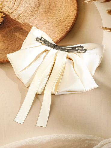 Rubans Cream Satin Bow Hair Clip with Flowing Ribbon Tails for Elegant & Stylish Look Hair Accessory