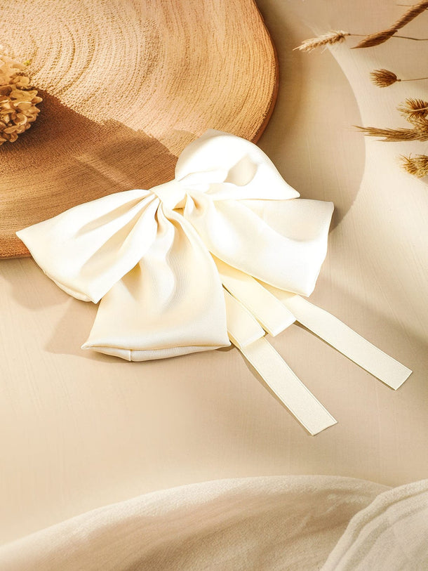 Rubans Cream Satin Bow Hair Clip with Flowing Ribbon Tails for Elegant & Stylish Look Hair Accessory