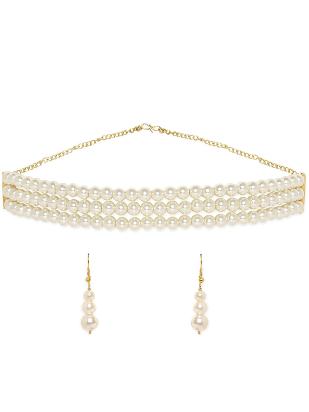 Rubans Cream tri layer pearl beaded choker necklace Set Jewellery Sets