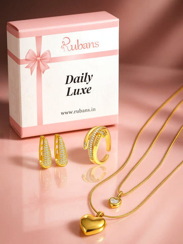 Rubans Daily Luxe – Everyday Glam Essentials | 3 Combo Set with 22K Gold-Plated Earrings, Ring & Layered Heart Necklace Earrings, Necklace and Ring Combo