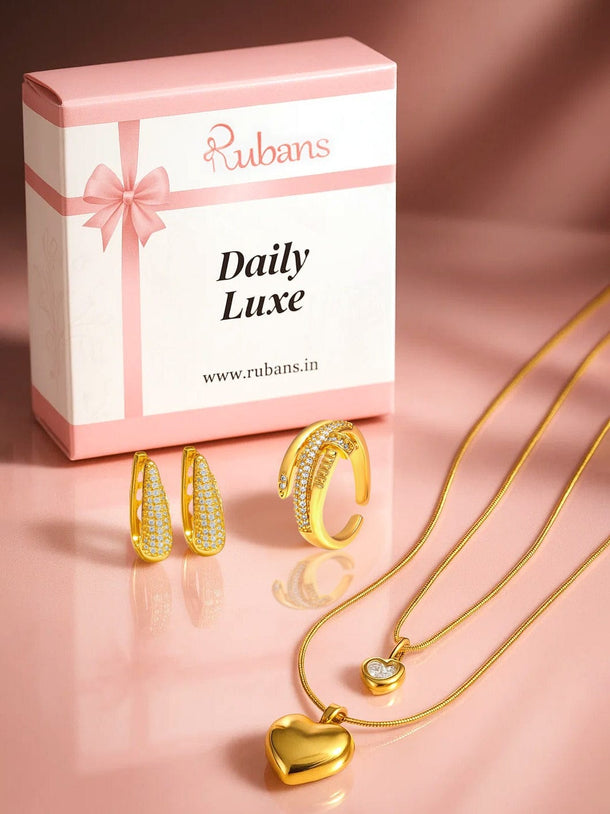 Rubans Daily Luxe – Everyday Glam Essentials | 3 Combo Set with 22K Gold-Plated Earrings, Ring & Layered Heart Necklace Earrings, Necklace and Ring Combo