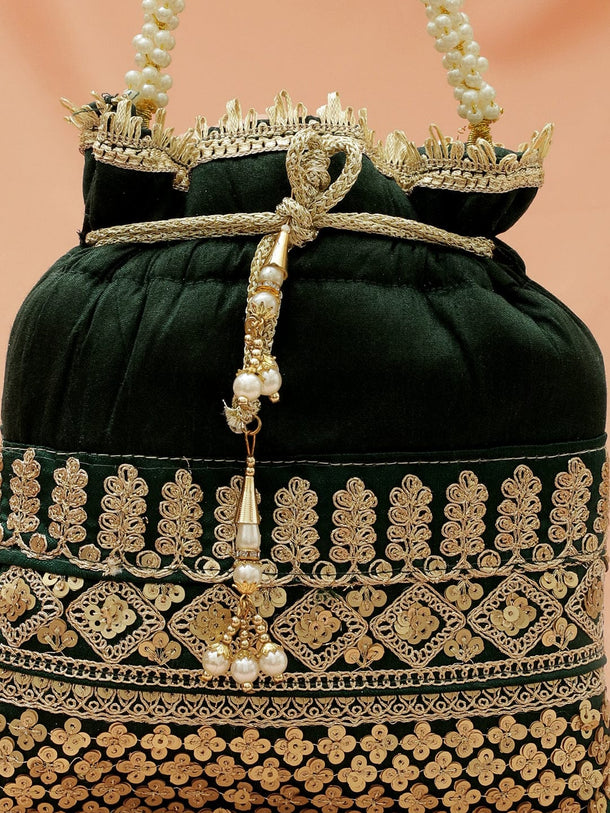 Rubans Dark Green & Gold Embroidered Potli Bag with Pearl Handle & Beaded Tassel Detailing Bags