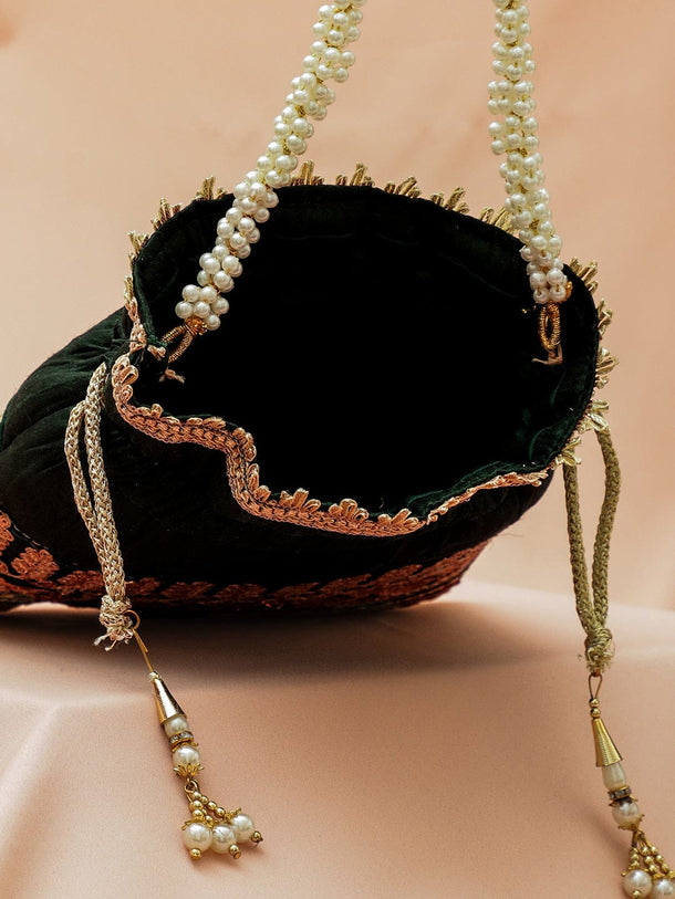 Rubans Dark Green & Gold Embroidered Potli Bag with Pearl Handle & Beaded Tassel Detailing Bags