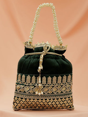 Rubans Dark Green & Gold Embroidered Potli Bag with Pearl Handle & Beaded Tassel Detailing Bags