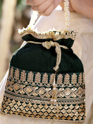 Rubans Dark Green & Gold Embroidered Potli Bag with Pearl Handle & Beaded Tassel Detailing Bags