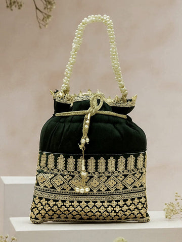 Rubans Dark Green & Gold Embroidered Potli Bag with Pearl Handle & Beaded Tassel Detailing Bags