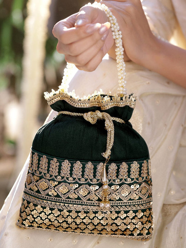 Rubans Dark Green & Gold Embroidered Potli Bag with Pearl Handle & Beaded Tassel Detailing Handbag, Wallet Accessories & Clutche