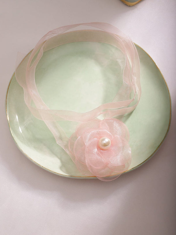 Rubans Delicate Pink Floral Choker Necklace with Organza Flower & Pearl Centerpiece Necklace & Chains