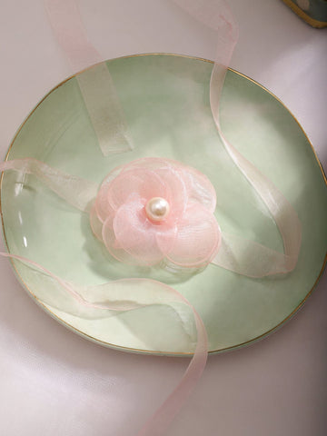 Rubans Delicate Pink Floral Choker Necklace with Organza Flower & Pearl Centerpiece Necklace & Chains