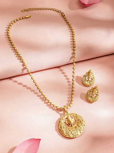 Rubans Divine 22K Gold Plated Ganesh Motif with Golden Beaded Temple Pendent Jewellery Set Necklaces, Necklace Sets, Chains & Mangalsutra