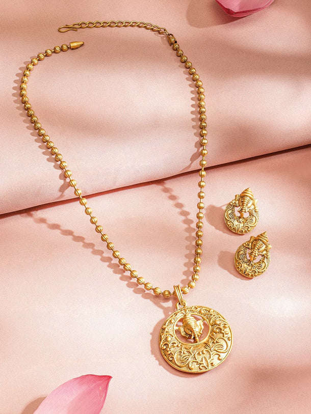 Rubans Divine 22K Gold Plated Ganesh Motif with Golden Beaded Temple Pendent Jewellery Set Necklaces, Necklace Sets, Chains & Mangalsutra