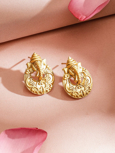 Rubans Divine 22K Gold Plated Ganesh Motif with Golden Beaded Temple Pendent Jewellery Set Necklaces, Necklace Sets, Chains & Mangalsutra